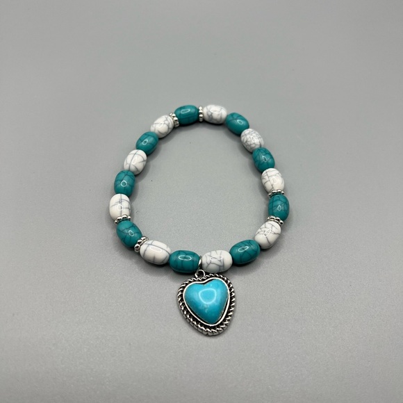 Turquoise and White Heart Charm Bracelet - Handmade #B0354T - Picture 2 of 3